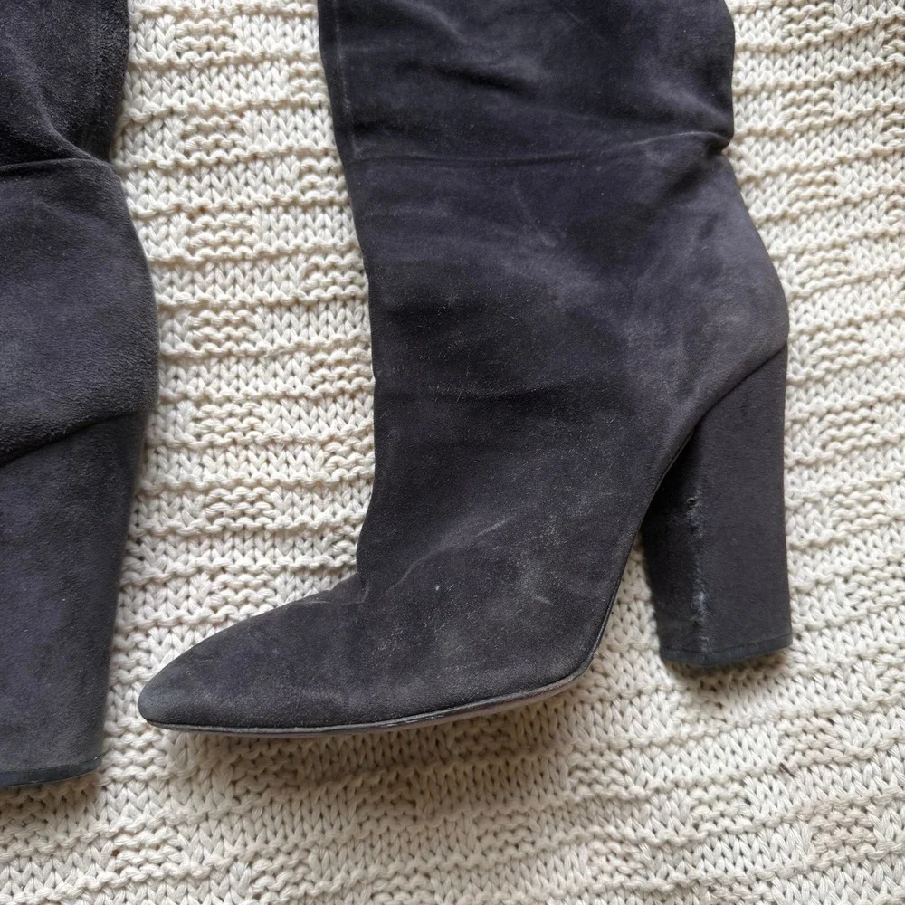 Sergio‎ Rossi Suede Over The Knee Boots Block Heel Dark Gray Size 39.5